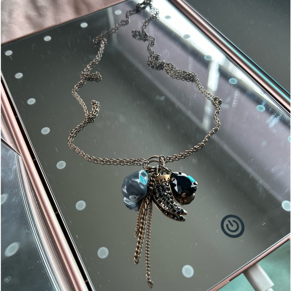 Bronze Necklace with a Bedazzled Shark Tooth & Black Gem &  Moss Agate Stone